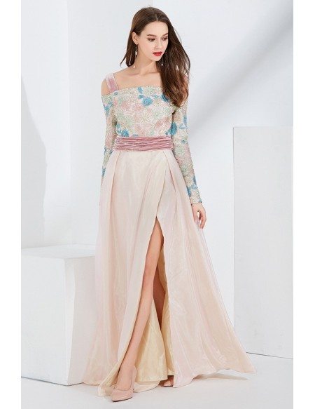 Long Slit Pink Embroidery Velvet Formal Dress With Off Shoulder Sleeves