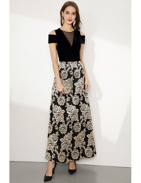 Long Black Embroidery Floral Evening Dress With Cold Shoulder