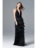 Sexy Fringes Layered Black Party Dress With Halter Deep V Neck