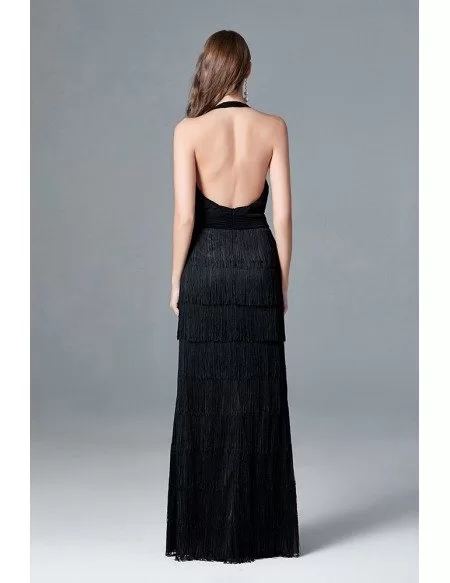Sexy Fringes Layered Black Party Dress With Halter Deep V Neck