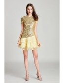 Shining Sequined Organza Gold Cocktail Prom Dress Modest