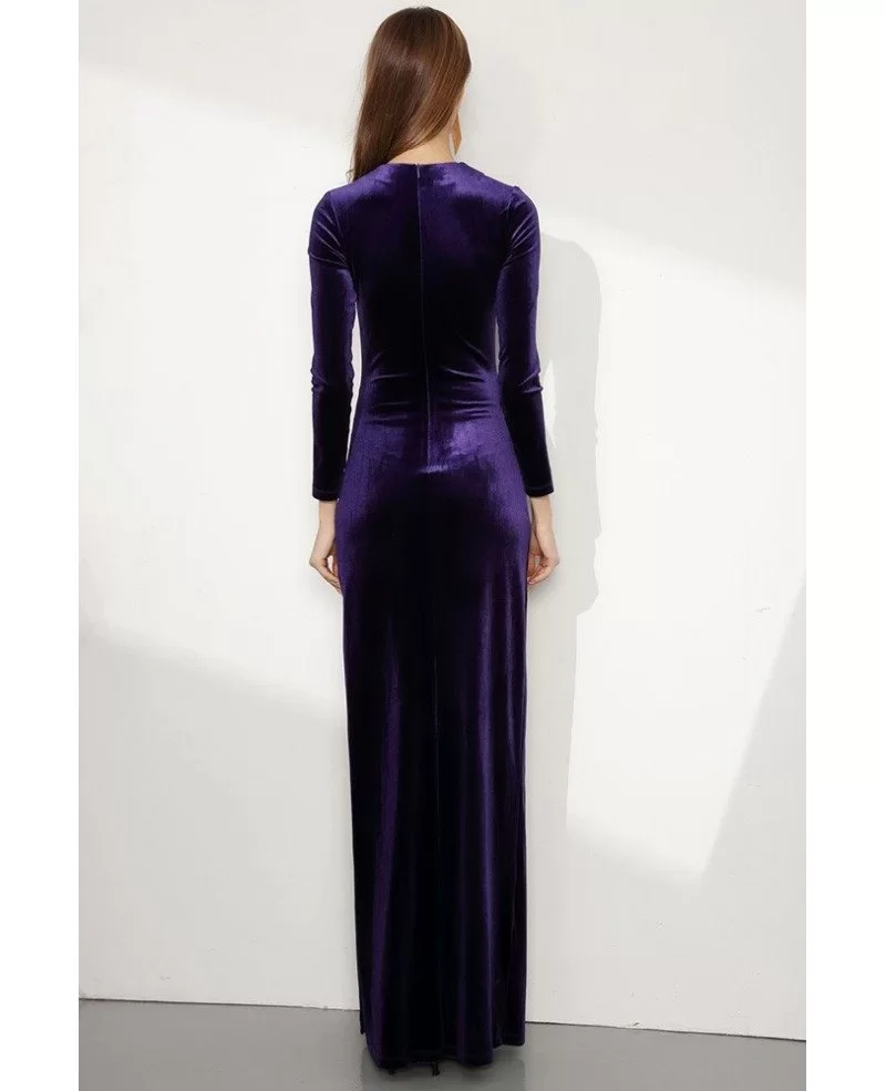 Long Sleeve Purple Fitted Velvet Evening Dress With Side Slit #CK762 ...