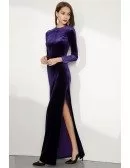 Long Sleeve Purple Fitted Velvet Evening Dress With Side Slit