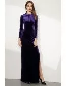 Long Sleeve Purple Fitted Velvet Evening Dress With Side Slit