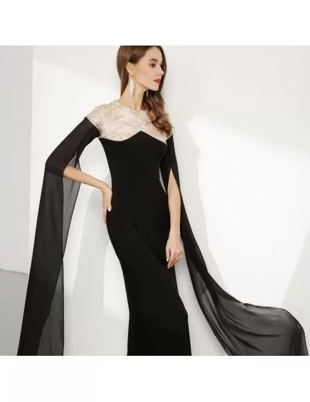 Black Long Slender Lace Party Dress With Flowing Sleeves