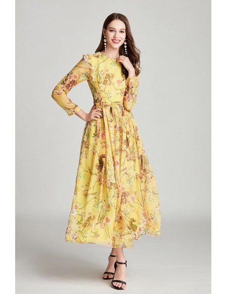 Modest Floral Print Yellow Madi Prom Dress With Long Sleeves