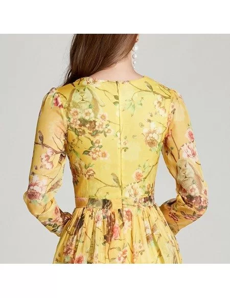 Modest Floral Print Yellow Madi Prom Dress With Long Sleeves