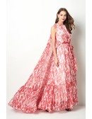 Long Chiffon Red Floral Printed Prom Dress With Puffy Cape Train