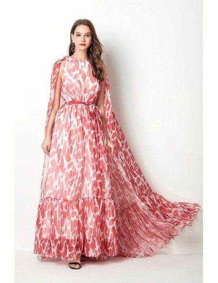Long Chiffon Red Floral Printed Prom Dress With Puffy Cape Train