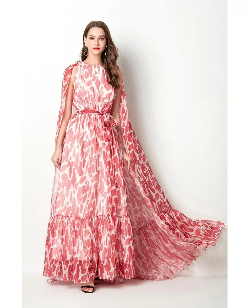 Long Chiffon Red Floral Printed Prom Dress With Puffy Cape Train #CK774 ...