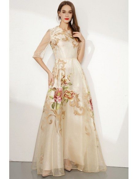Long Champagne 1/2 Sleeved Organza Embroidery Formal Dress For Woman
