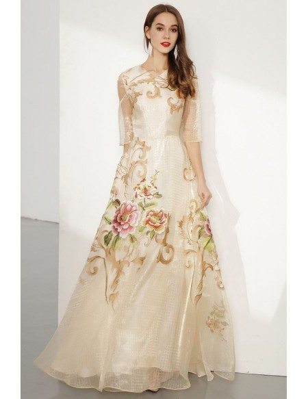 Long Champagne 1/2 Sleeved Organza Embroidery Formal Dress For Woman