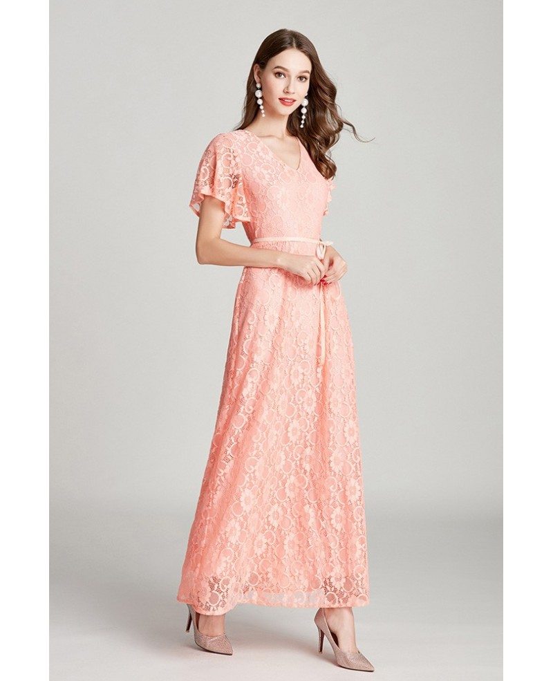Beautiful Long Pink Lace V Neck Evening Dress With Flare Sleeves #CK783 ...