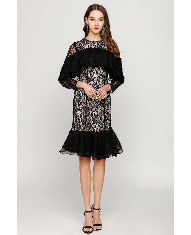 Knee Length Black Lace Prom Dress With Flounce Sleeves #DK391 ...