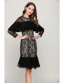 Knee Length Black Lace Prom Dress With Flounce Sleeves