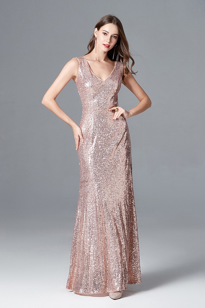 Sparkly Rose Gold Sequin Long Mermaid Prom Dress Sweetheart For Evening ...