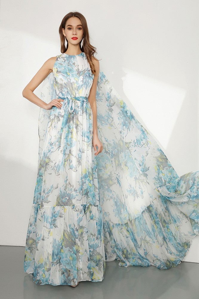 Floral Applique Sleeveless Chiffon Long Formal Evening Dress