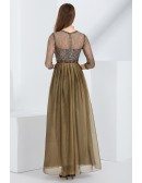 Pleated Chiffon Long Brown Prom Dress With Lace Bodice Sleeves