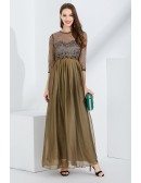 Pleated Chiffon Long Brown Prom Dress With Lace Bodice Sleeves