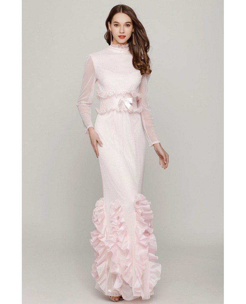 Light Pink Fishtail Tight Prom Dress Long Sleeves #CK764 - GemGrace.com