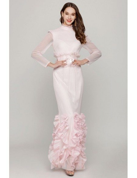 Light Pink Fishtail Tight Prom Dress Long Sleeves