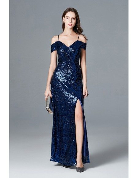 Sexy Sparkly Navy Blue Sequined Slit Prom Dress With Off Shoulder Straps