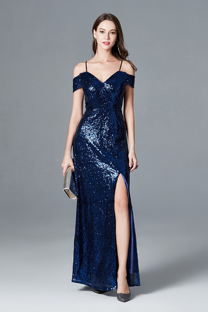 Sexy Sparkly Navy Blue Sequined Slit Prom Dress With Off Shoulder Straps  #CK798 - GemGrace.com