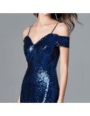 Sexy Sparkly Navy Blue Sequined Slit Prom Dress With Off Shoulder Straps