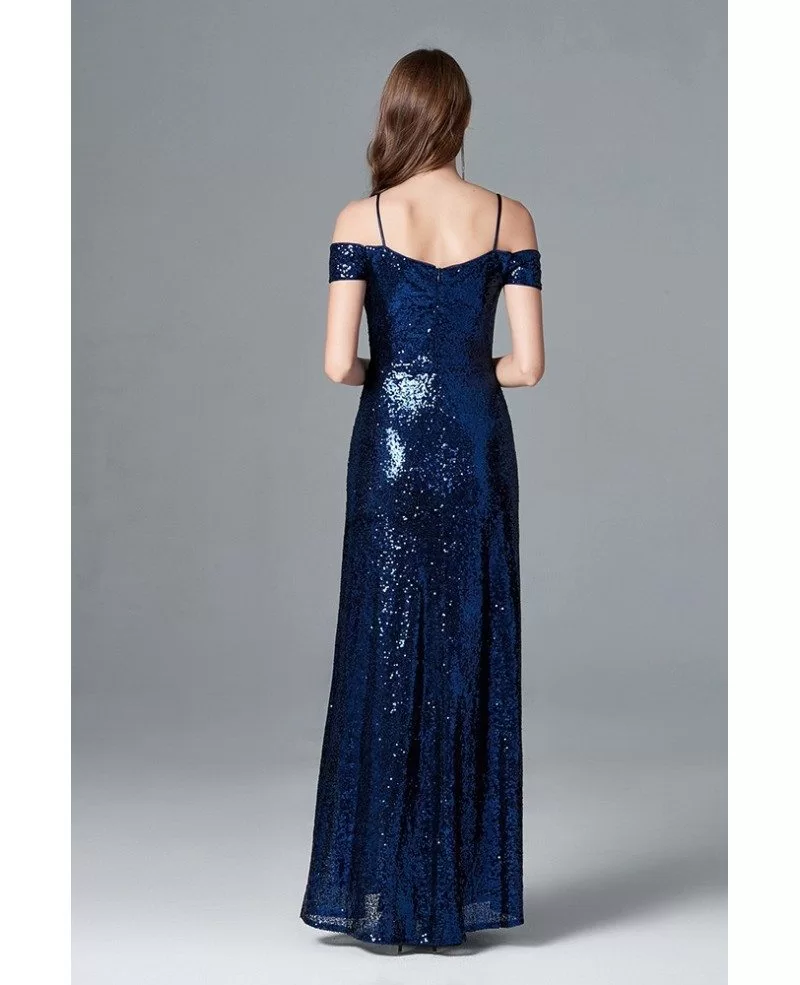 Sexy Sparkly Navy Blue Sequined Slit Prom Dress With Off Shoulder ...