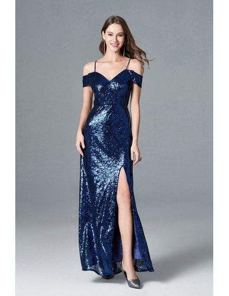 Sexy Sparkly Navy Blue Sequined Slit Prom Dress With Off Shoulder ...