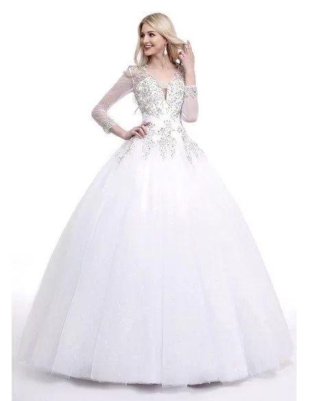 Ball-Gown V-neck Sweep Train Tulle Wedding Dress With Beading