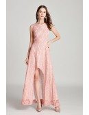Pink Lace High Low Long Formal Dress Sleeveless For Woman