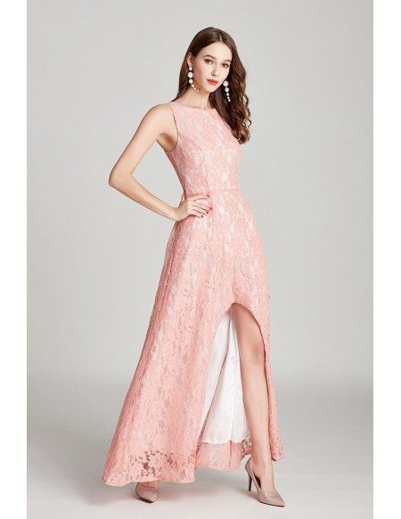 Pink Lace High Low Long Formal Dress Sleeveless For Woman