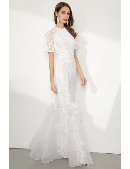 Modest Long Lace White Mermaid Formal Dress With Short Sleeves
