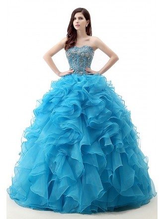 Ball-Gown Sweetheart Sweep Train Tulle Prom Dress With Cascading Ruffles Beading