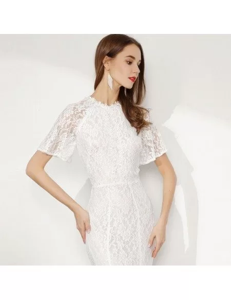 Modest Long Lace White Mermaid Formal Dress With Short Sleeves