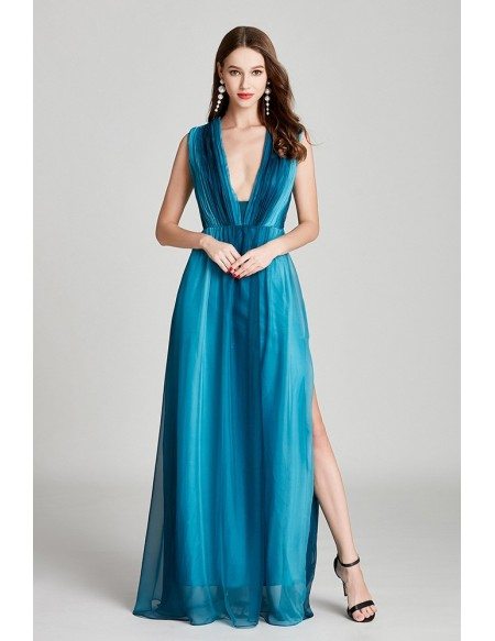 Plated Ombre Blue Chiffon Long Slit Prom Dress With Deep V Neck