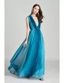 Plated Ombre Blue Chiffon Long Slit Prom Dress With Deep V Neck