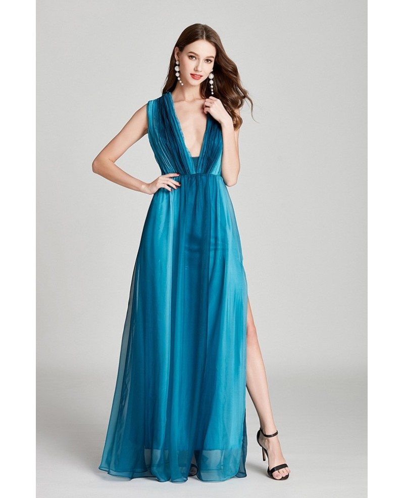 Plated Ombre Blue Chiffon Long Slit Prom Dress With Deep V Neck #CK782