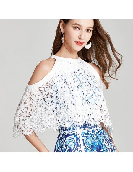 Blue And White Lace Cape Cocktail Prom Dress In Cold Shoulder