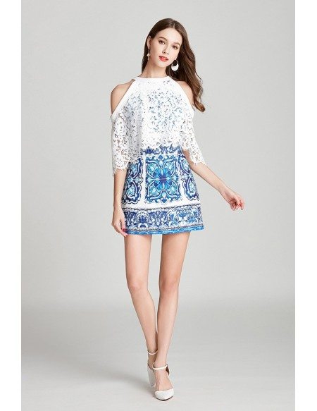 Blue And White Lace Cape Cocktail Prom Dress In Cold Shoulder