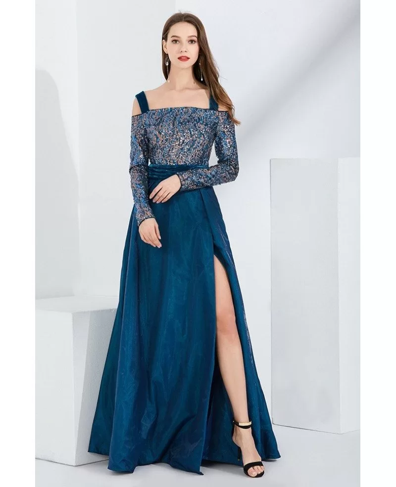 Off Shoulder Long Sleeves Blue Sequin Velvet Formal Dress With Slit Ck771 