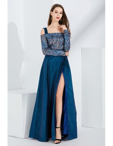 Off Shoulder Long Sleeves Blue Sequin Velvet Formal Dress With Slit