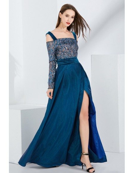 Off Shoulder Long Sleeves Blue Sequin Velvet Formal Dress With Slit