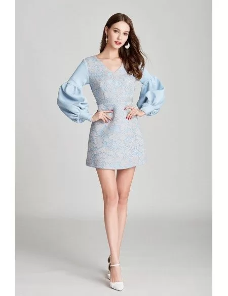 Short Blue Lace Cotton V Neck Prom Dress With Long Bubble Sleeves