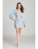 Short Blue Lace Cotton V Neck Prom Dress With Long Bubble Sleeves