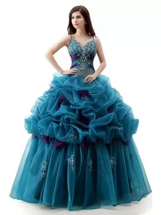 Ball-Gown V-neck Sweep Train Tulle Prom Dress With Cascading Ruffles Beading