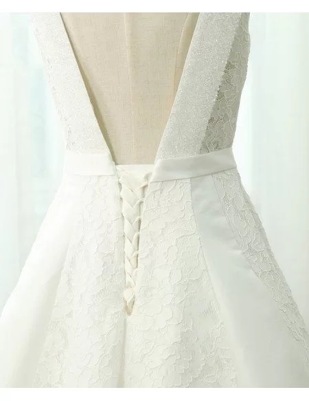 A-line Scoop Neck Tea-length Lace Wedding Dress with Bow Sash