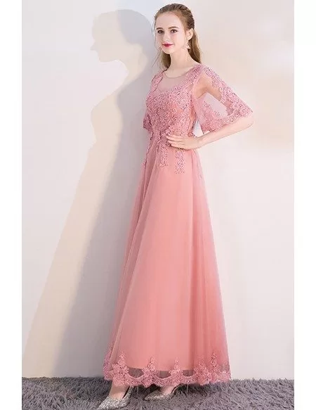 Pink Puffy Sleeves Aline Long Party Dress with Appliques