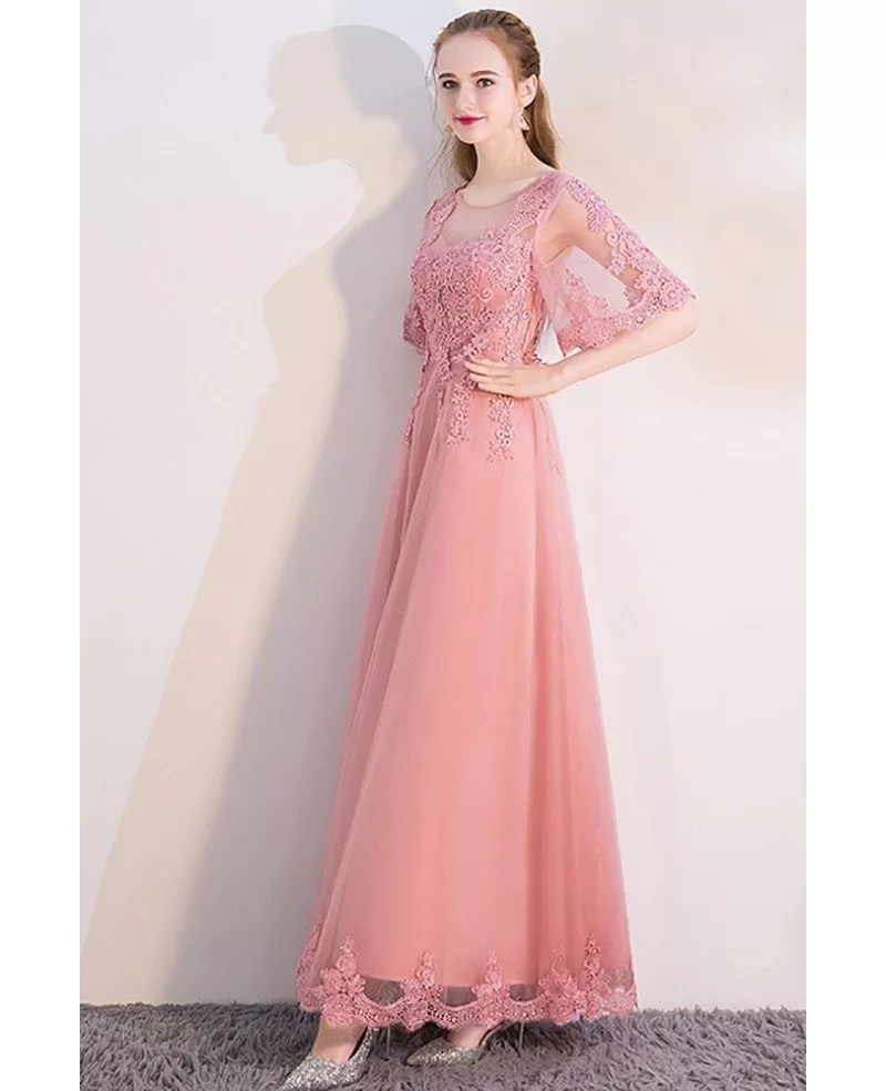 Pink Puffy Sleeves Aline Long Party Dress with Appliques # ...
